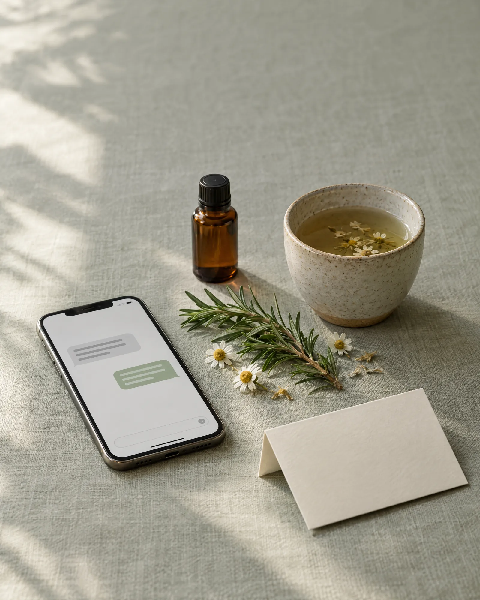 A phone showing a short text conversation beside herbal tea, rosemary and chamomile on a linen table